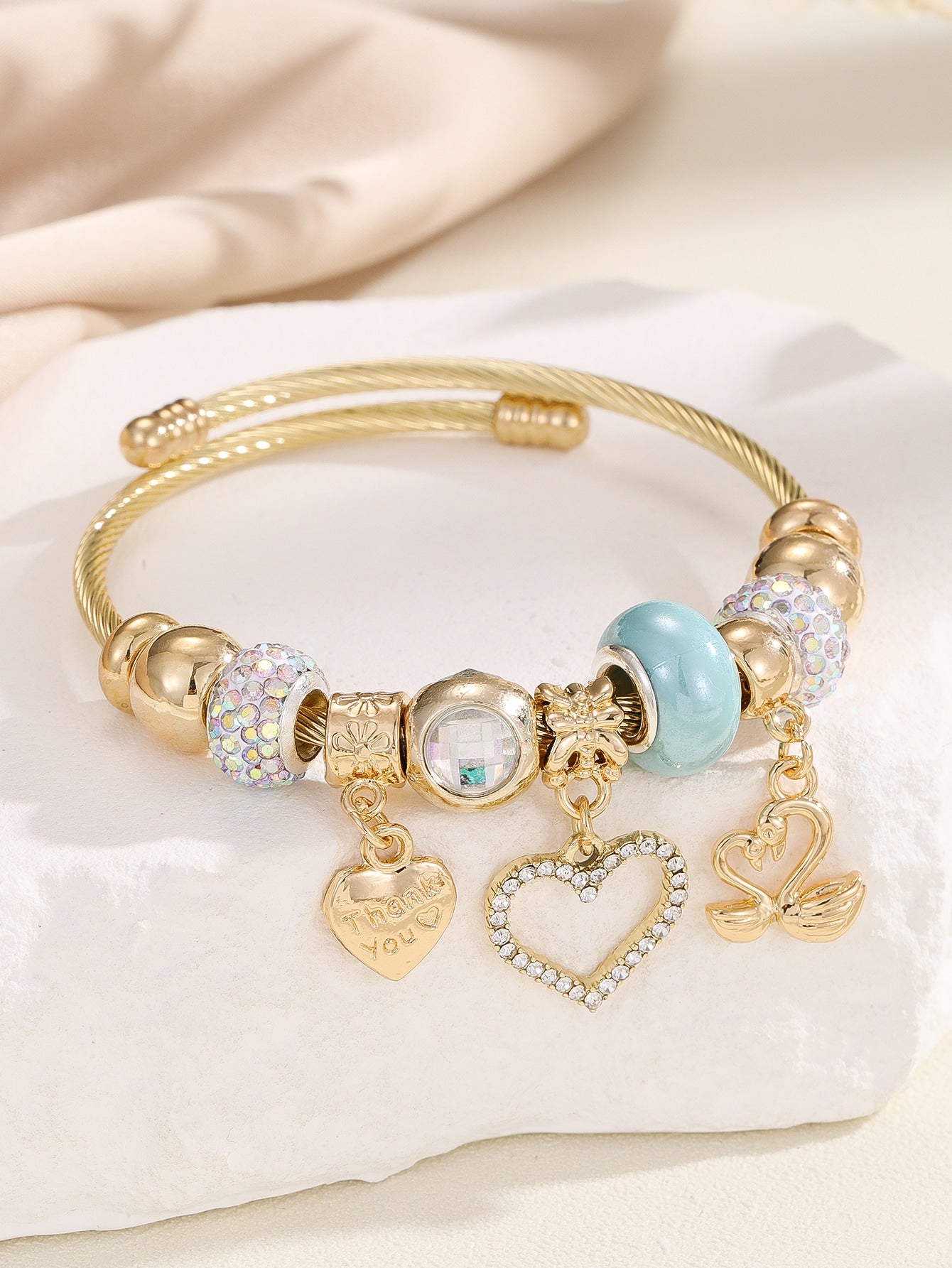 Rhinestone Heart Charm Bangle