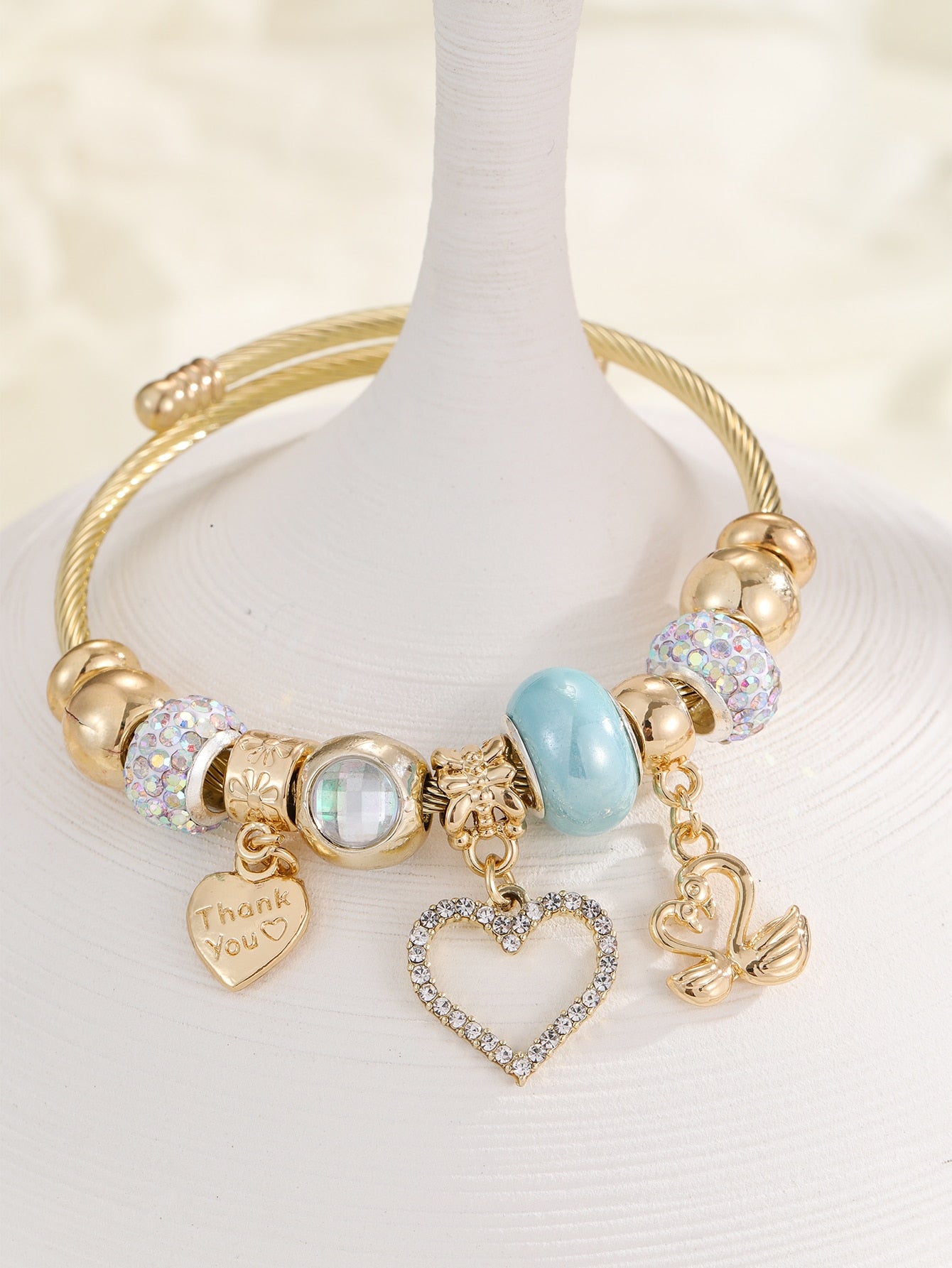 Rhinestone Heart Charm Bangle