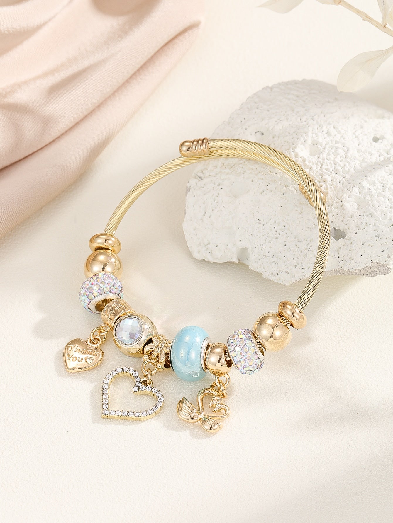 Rhinestone Heart Charm Bangle