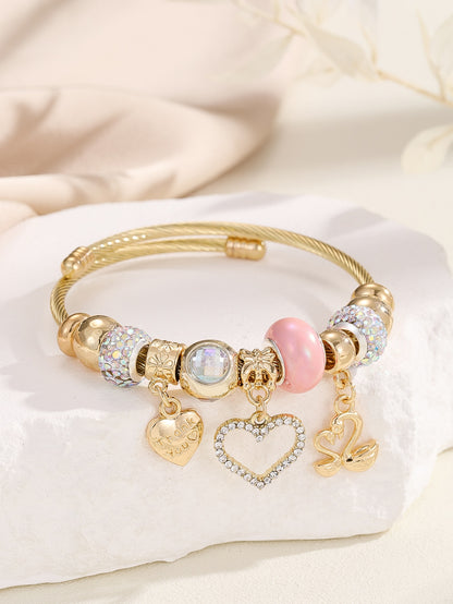 Rhinestone Heart Charm Bangle