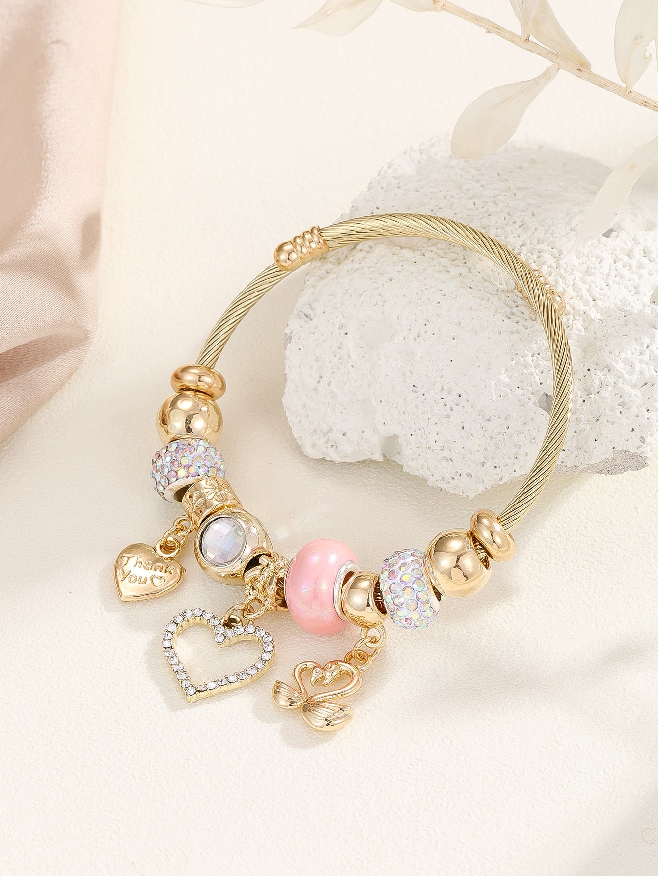 Rhinestone Heart Charm Bangle