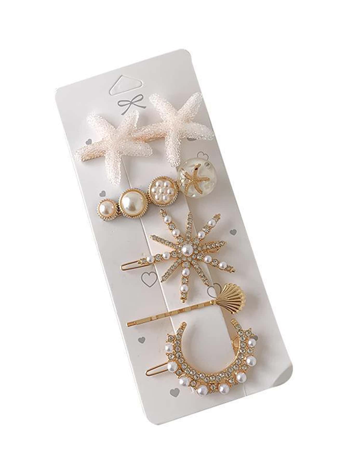 5pcs Rhinestone Faux Pearl Decor Hair Clip