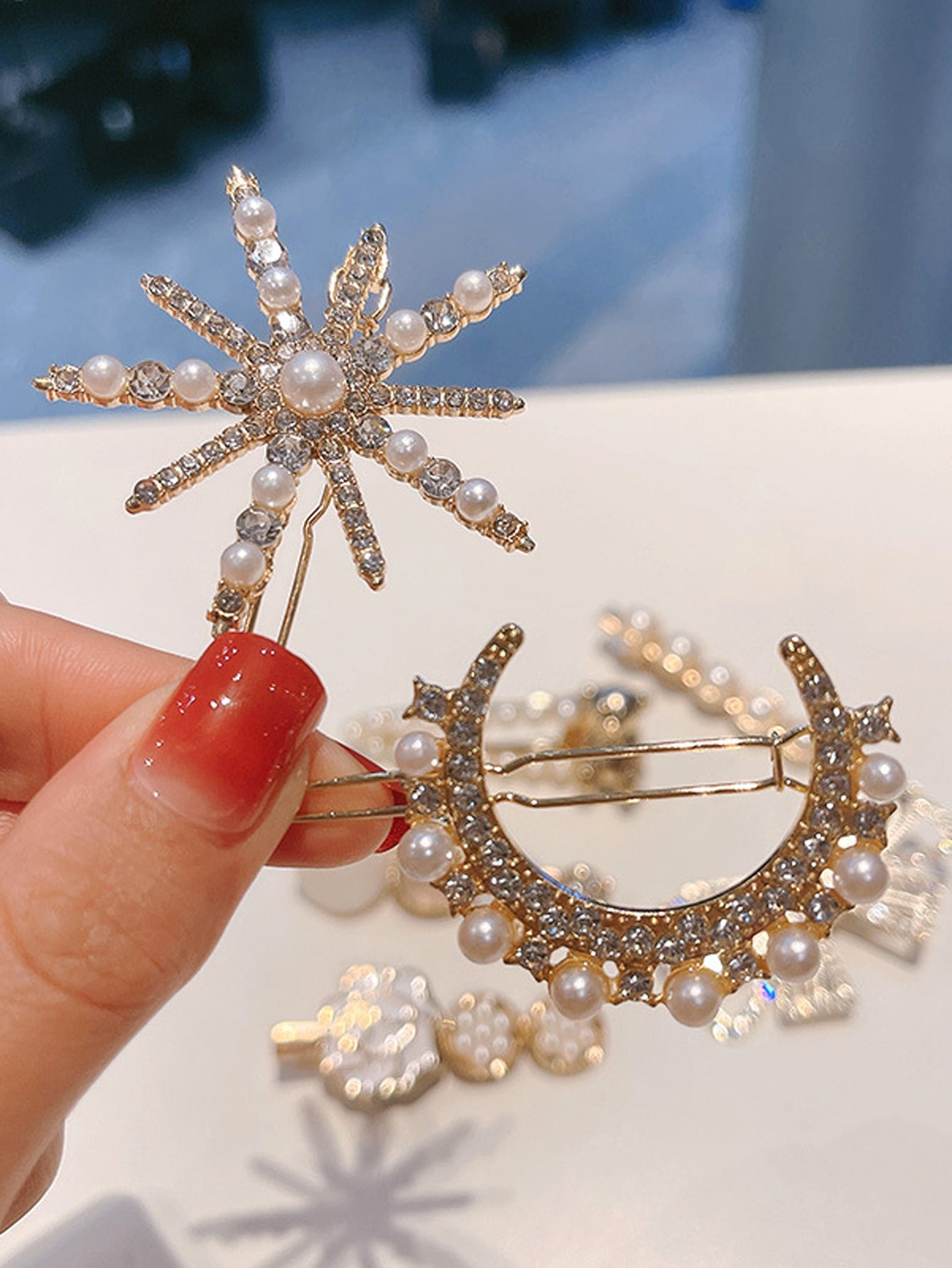 5pcs Rhinestone Faux Pearl Decor Hair Clip