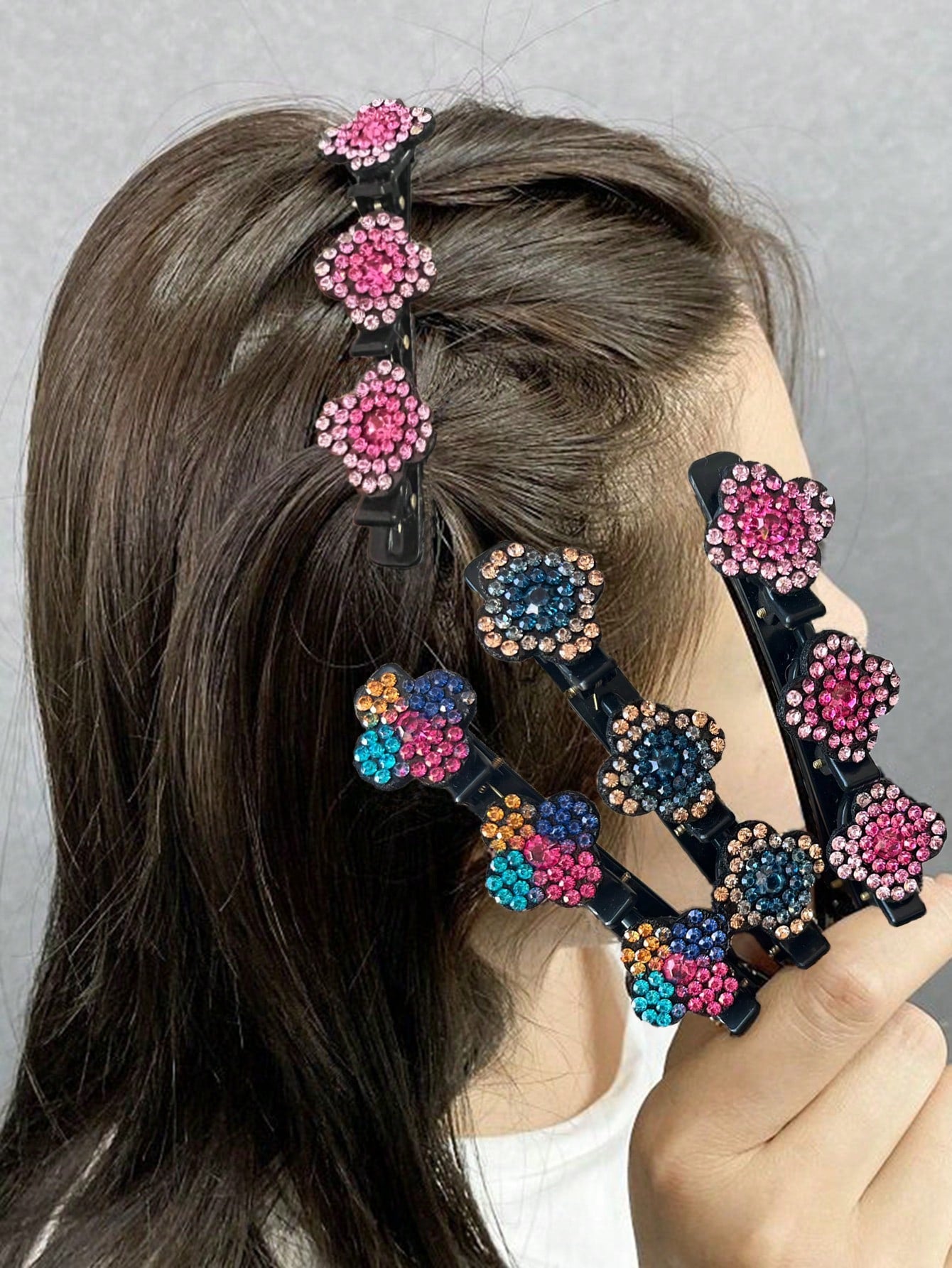 4pcs Rhinestone Flower Decor Hair Clip Can Do Multiple Shapes