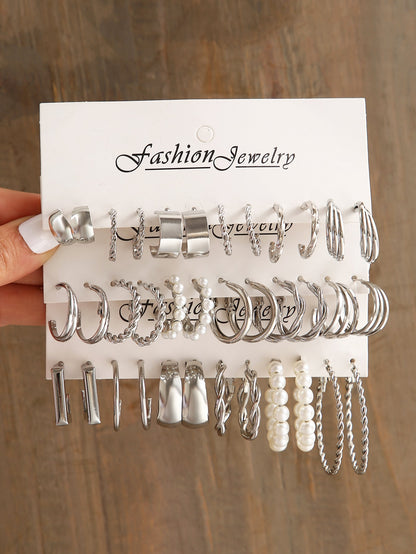 36pcs set Fashion Zinc Alloy Faux Pearl Decor Twisted Hoop Earrings