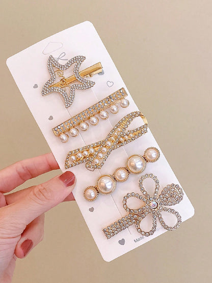 5pcs Rhinestone Faux Pearl Decor Hair Clip