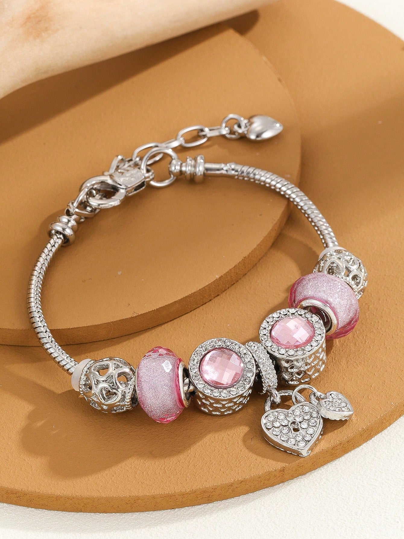 Rhinestone Heart Charm Bead Decor Bracelet