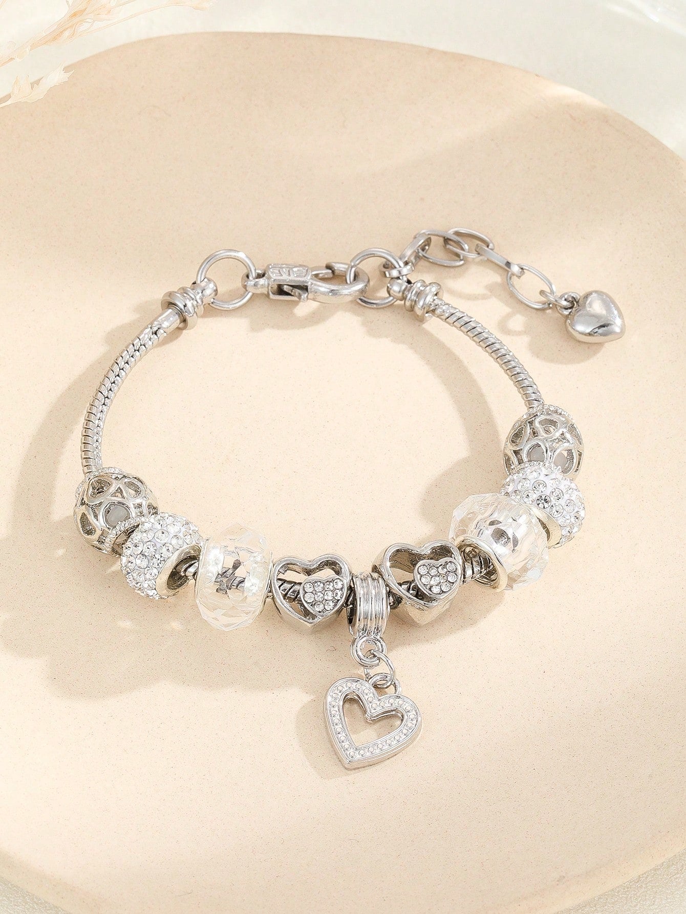 Rhinestone Heart Charm Bead Decor Bracelet