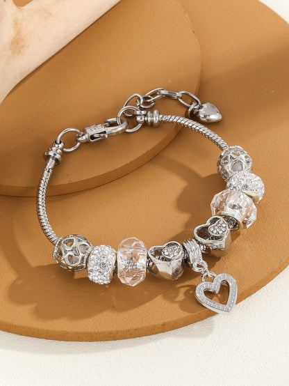 Rhinestone Heart Charm Bead Decor Bracelet