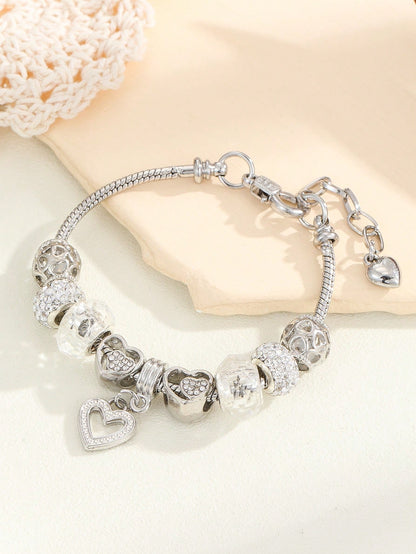 Rhinestone Heart Charm Bead Decor Bracelet