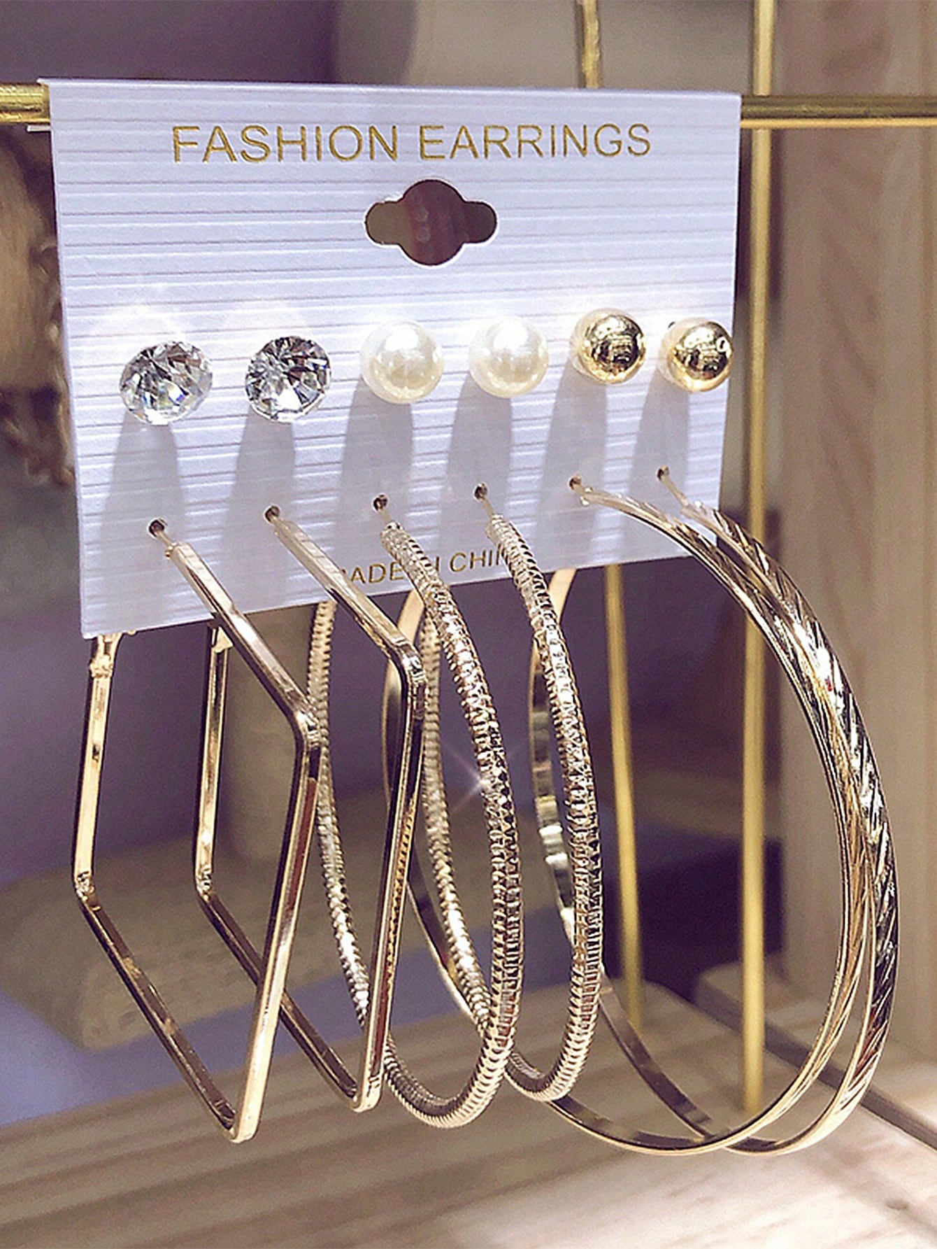 6pairs Exaggerated Fashion Big Tower C Shape Faux Pearl & Rhinestone Hoop Earrings Set