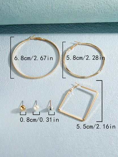 6pairs Exaggerated Fashion Big Tower C Shape Faux Pearl & Rhinestone Hoop Earrings Set