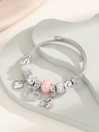 Rhinestone Heart Charm Bangle