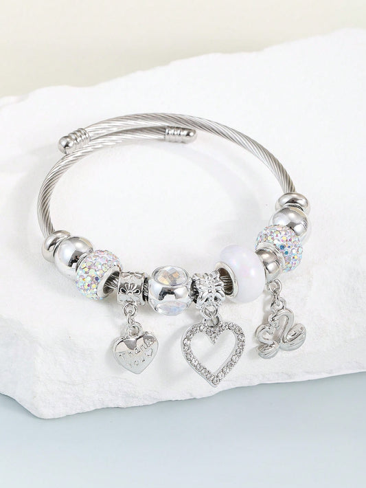 Rhinestone Heart Charm Bangle