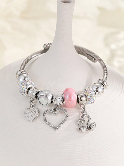 Rhinestone Heart Charm Bangle