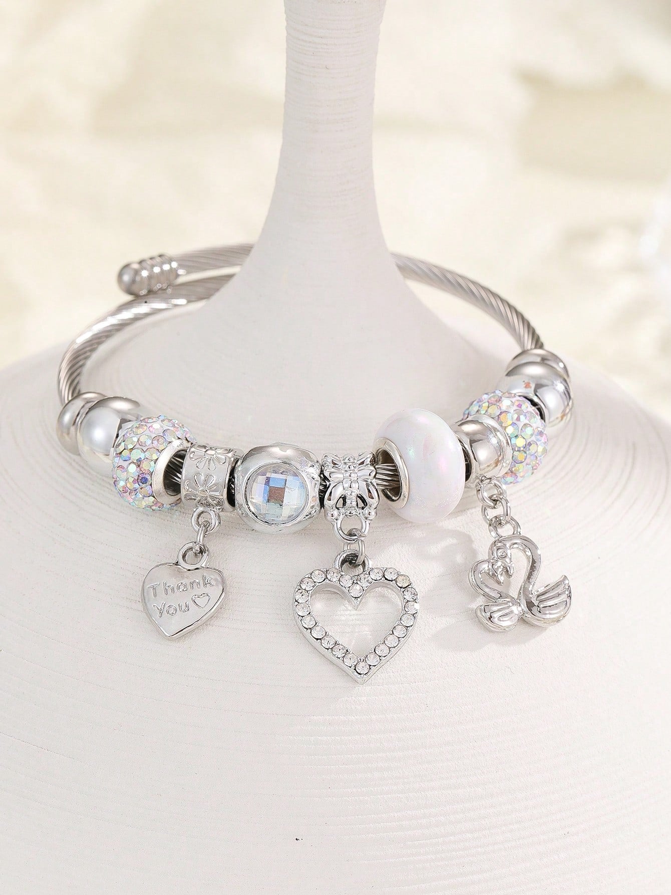 Rhinestone Heart Charm Bangle