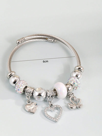 Rhinestone Heart Charm Bangle