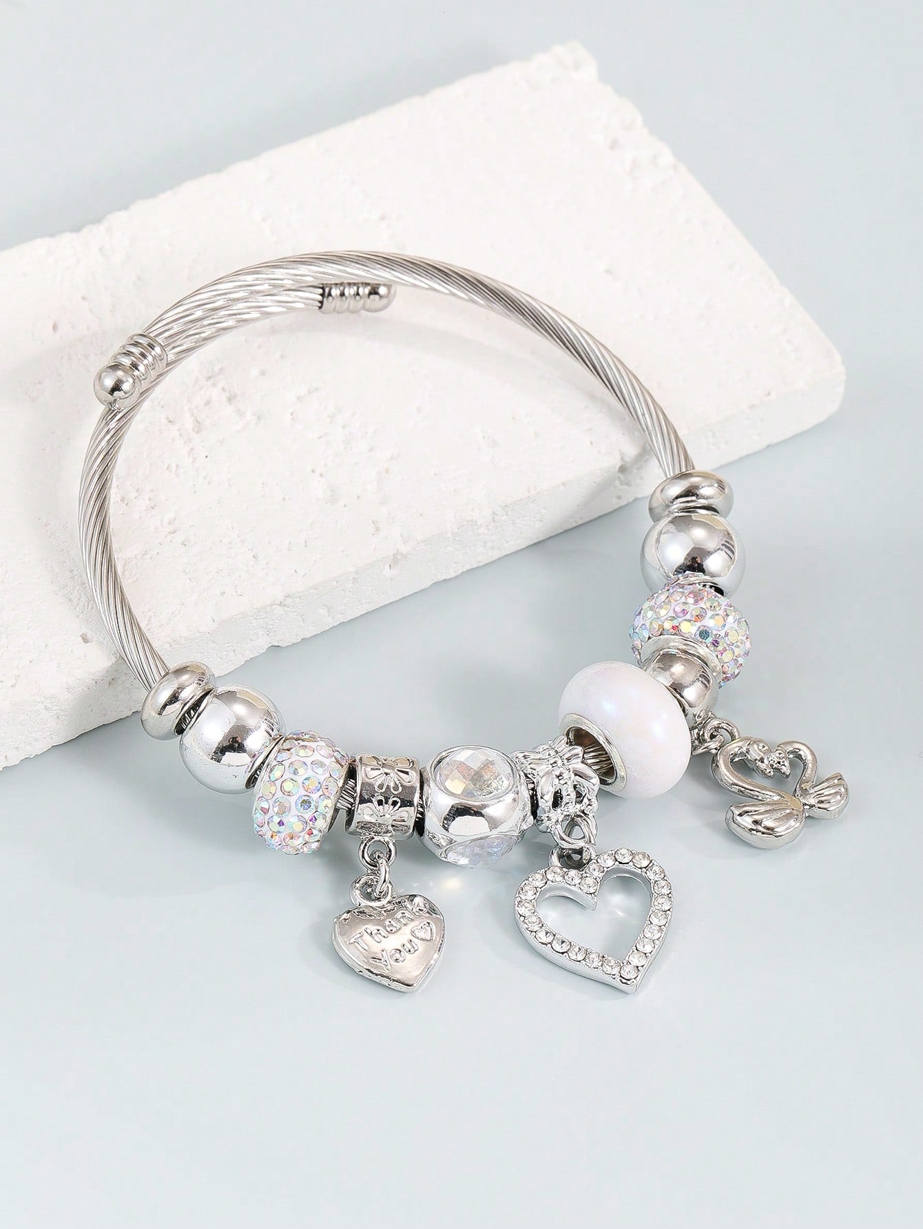 Rhinestone Heart Charm Bangle