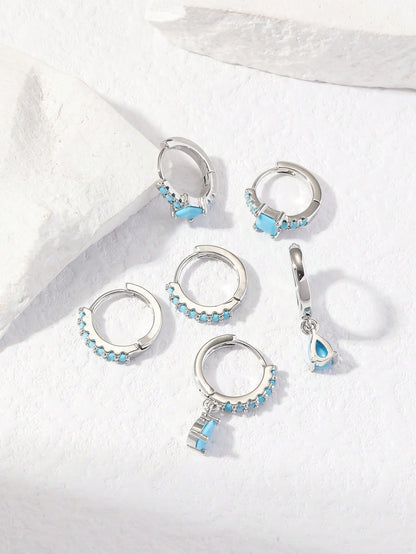 Turquoise Radiance Earring Set: 6pcs Elegant Geometric Circles with Cubic Zirconia Inlay