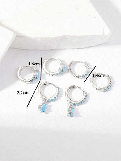 Turquoise Radiance Earring Set: 6pcs Elegant Geometric Circles with Cubic Zirconia Inlay