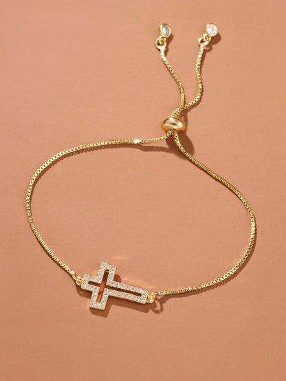 1pc Fashion Copper Rhinestone Cross Decor Chain Bracelet