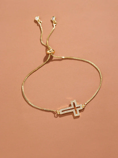 1pc Fashion Copper Rhinestone Cross Decor Chain Bracelet