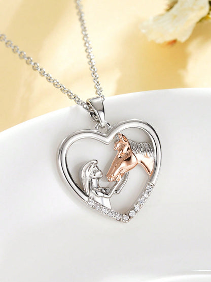 1pc Fashionable Cubic Zirconia Detail Horse Figure Decor Heart Charm Necklace