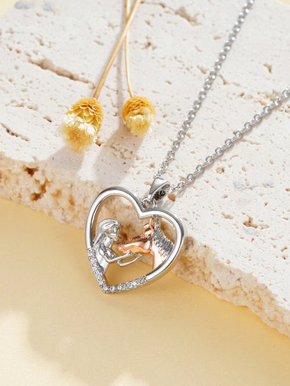 1pc Fashionable Cubic Zirconia Detail Horse Figure Decor Heart Charm Necklace