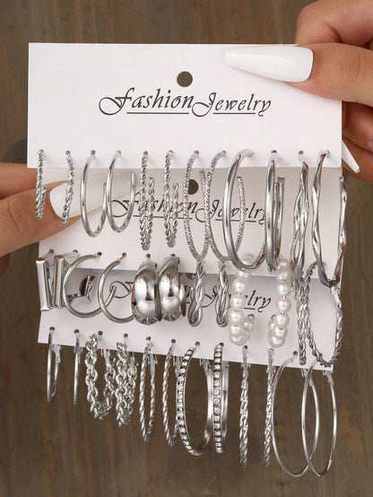 36pcs set Fashion Zinc Alloy Faux Pearl Decor Twisted Hoop Earrings