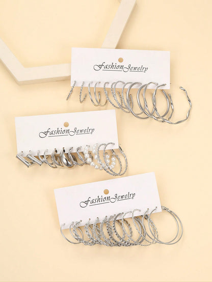 36pcs set Fashion Zinc Alloy Faux Pearl Decor Twisted Hoop Earrings