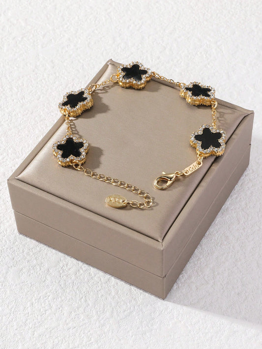 1pc Black Clover & Rhinestone Decor Fashionable Elegant Women's Chain Bracelet (Without Packaging Box)