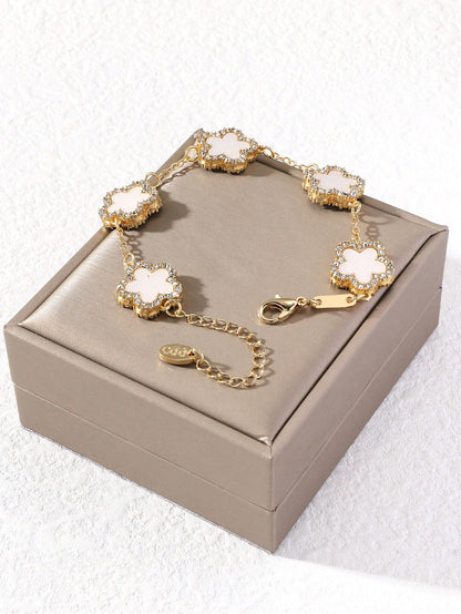 1pc Black Clover & Rhinestone Decor Fashionable Elegant Women's Chain Bracelet (Without Packaging Box)