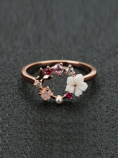 1pc Butterfly & Flower Design Rose Gold Plated Ring