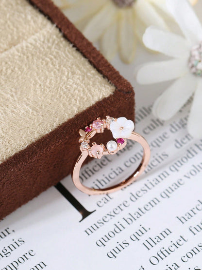 1pc Butterfly & Flower Design Rose Gold Plated Ring