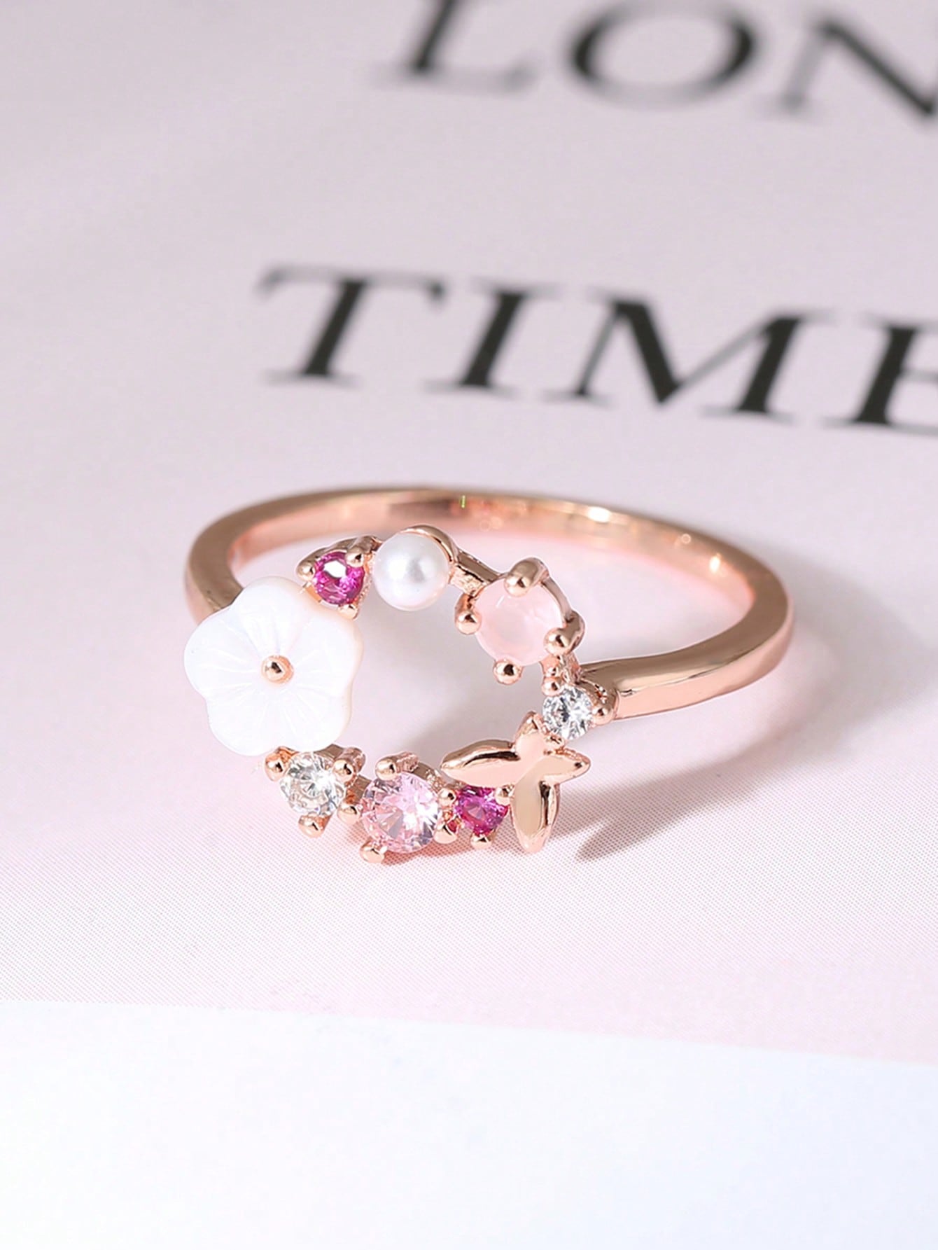 1pc Butterfly & Flower Design Rose Gold Plated Ring