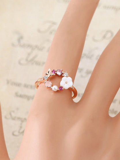 1pc Butterfly & Flower Design Rose Gold Plated Ring