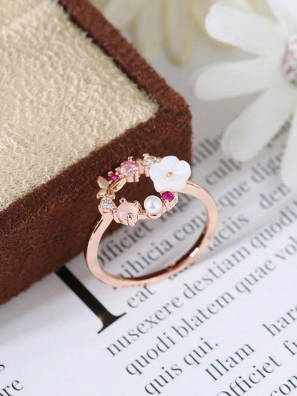 1pc Butterfly & Flower Design Rose Gold Plated Ring