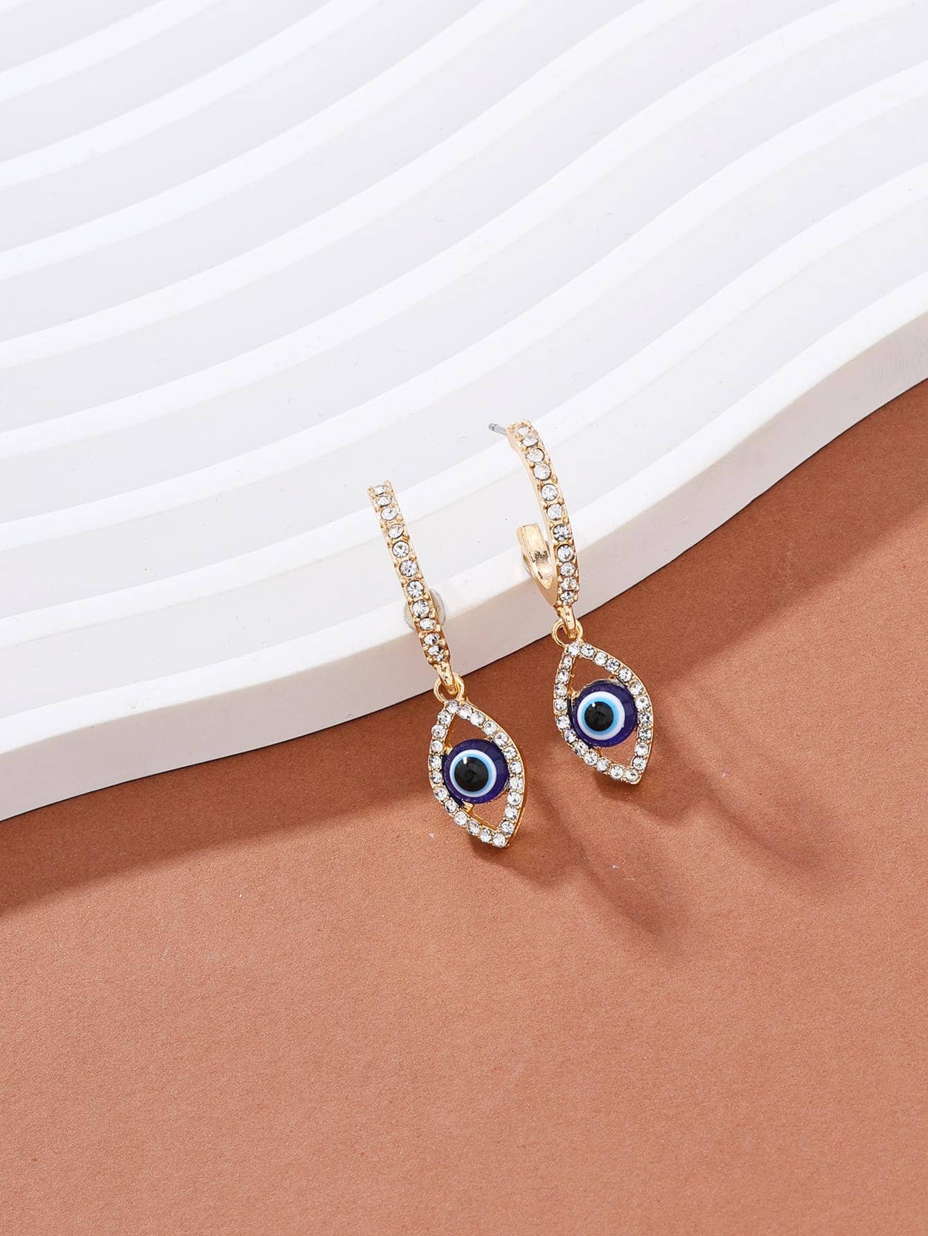 Evil Eye Detail Rhinestone Round Drop Earrings