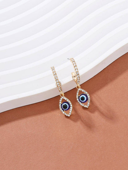 Evil Eye Detail Rhinestone Round Drop Earrings