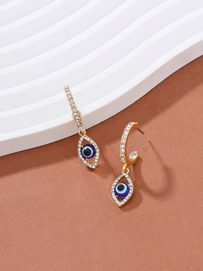 Evil Eye Detail Rhinestone Round Drop Earrings