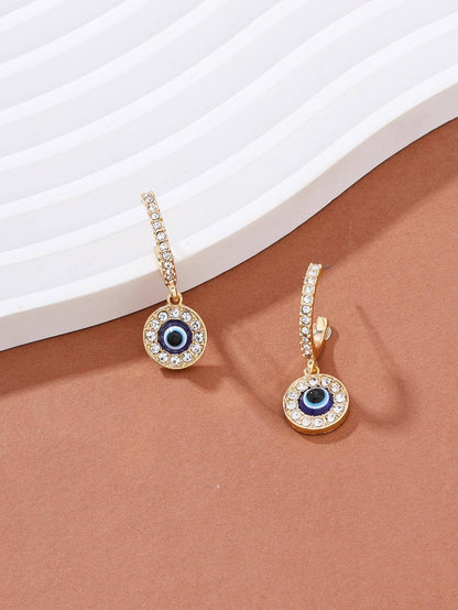 Evil Eye Detail Rhinestone Round Drop Earrings