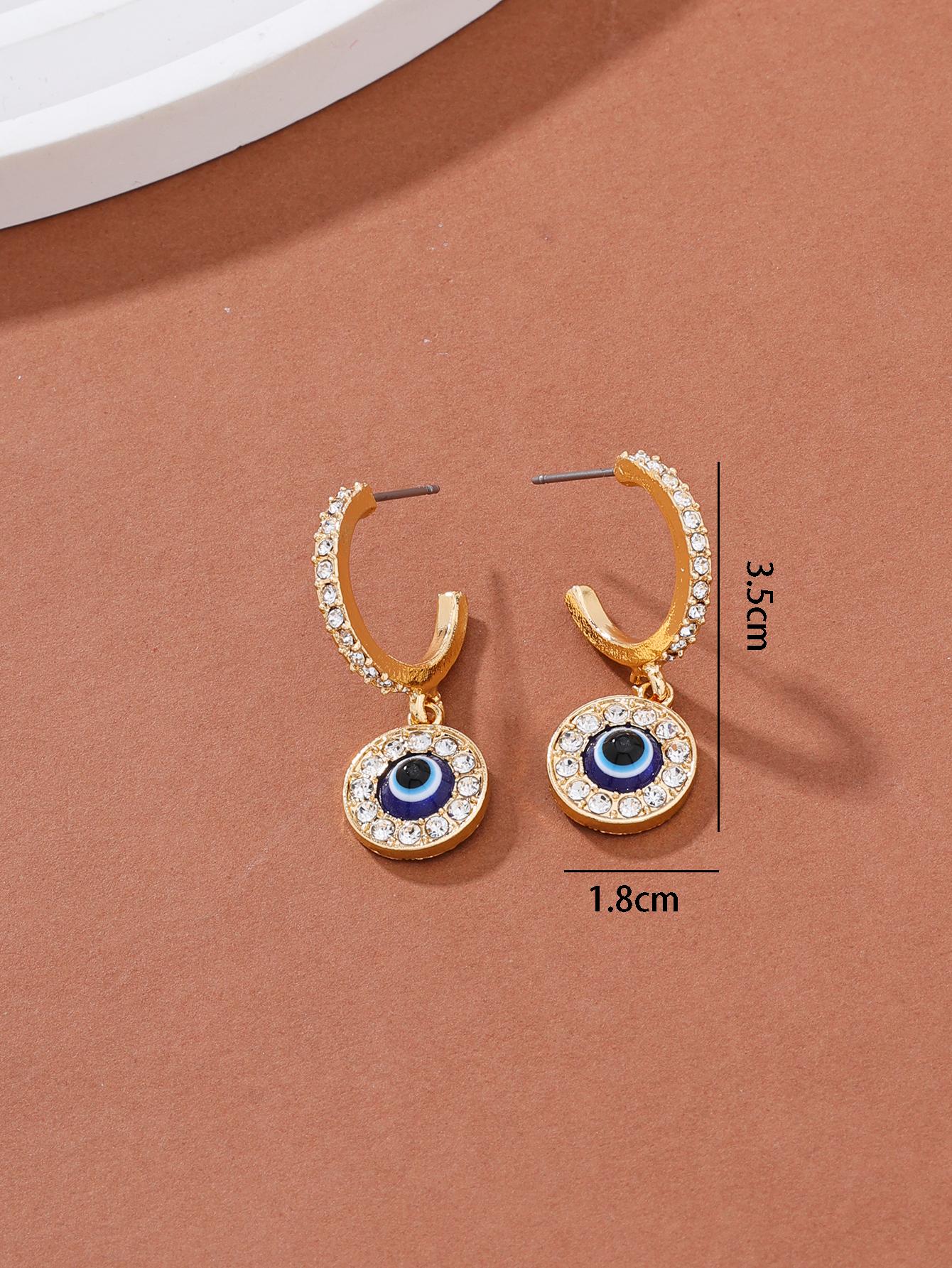 Evil Eye Detail Rhinestone Round Drop Earrings