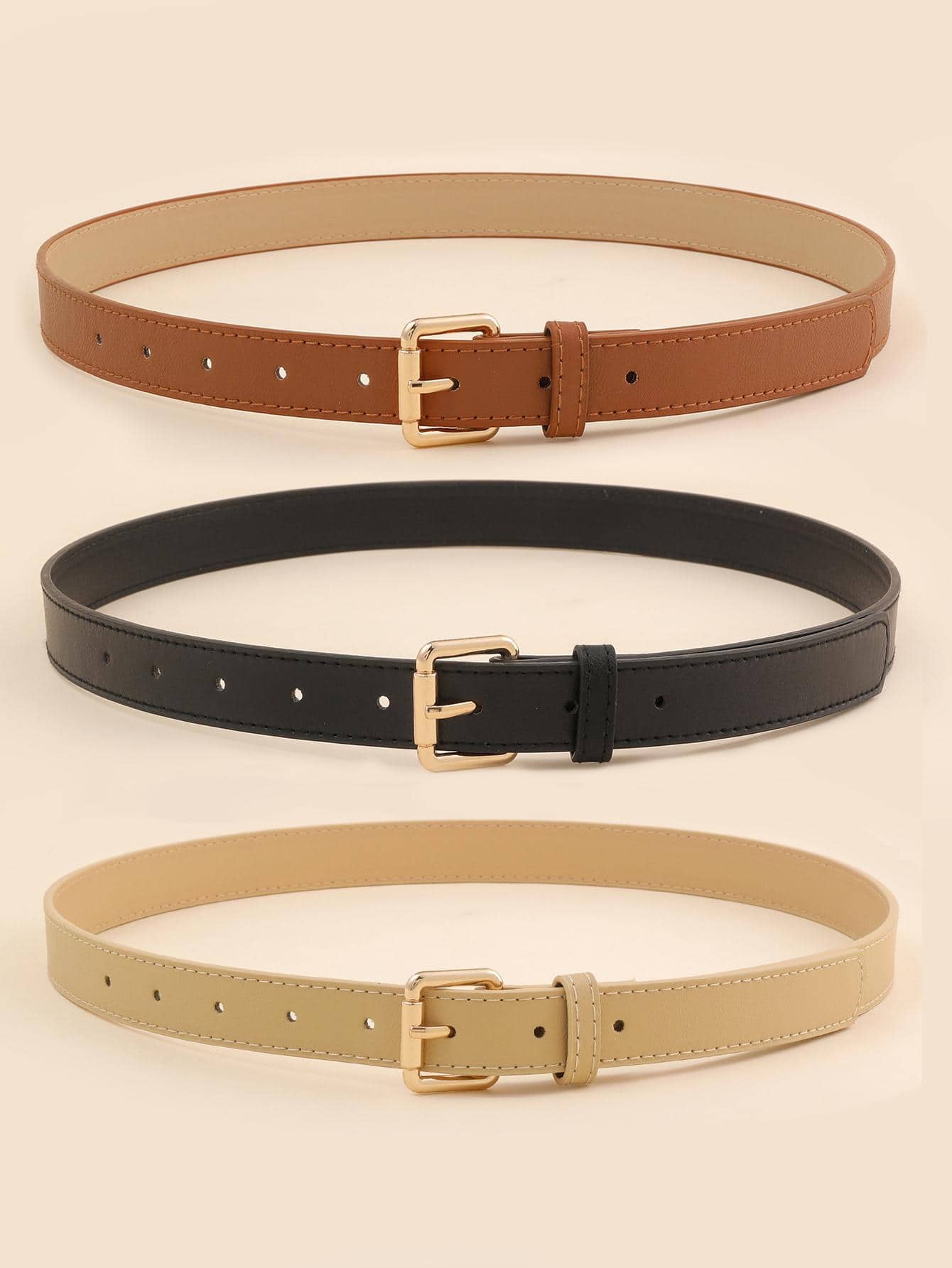 3pcs Women Rectangle Buckle Fashionable Belt For Daily Decoration