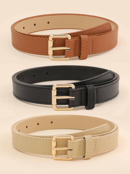 3pcs Women Rectangle Buckle Fashionable Belt For Daily Decoration