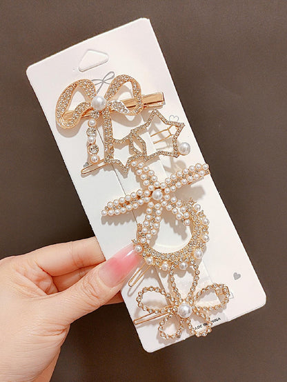 5pcs Rhinestone Faux Pearl Decor Hair Clip