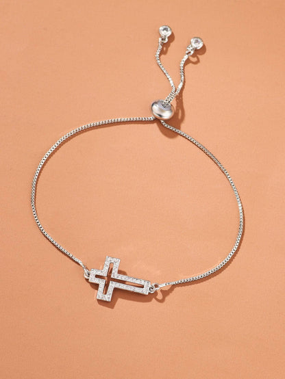 1pc Fashion Copper Rhinestone Cross Decor Chain Bracelet