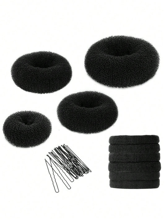 Hair Bun Maker Kit 4pcs Donut Bun Maker 1 Large 2 Medium And 1 Small 6pcs Elastic Hair Ties 20pcs Hair Bobby Pins Black