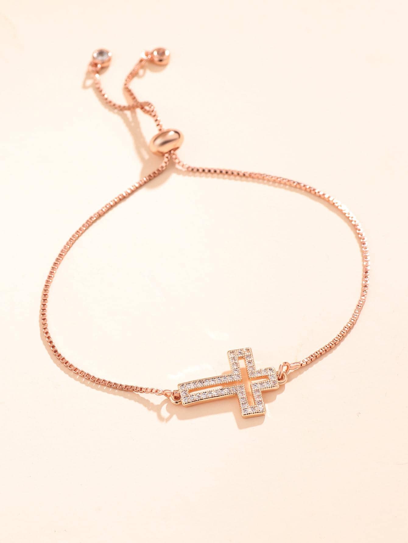 1pc Fashion Copper Rhinestone Cross Decor Chain Bracelet