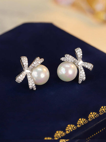 Rhinestone Bow Faux Pearl Design Stud Earrings