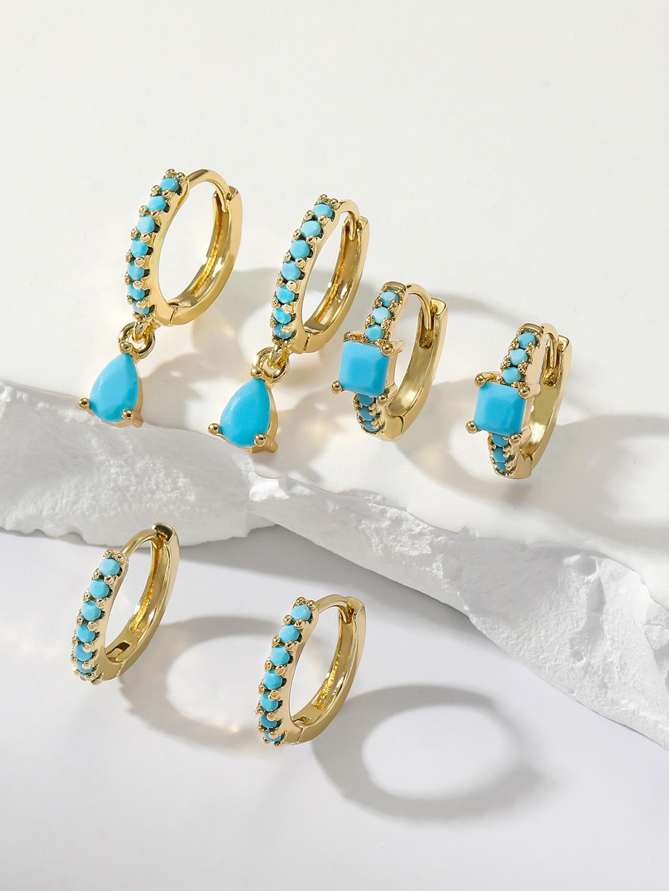 Turquoise Radiance Earring Set: 6pcs Elegant Geometric Circles with Cubic Zirconia Inlay